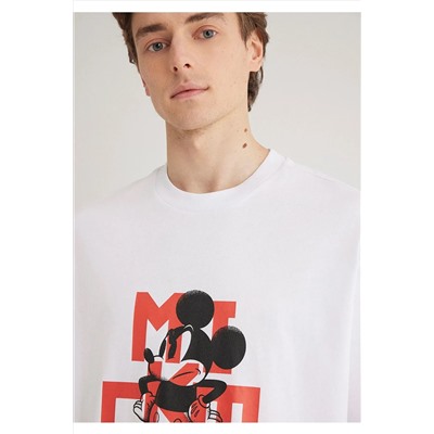 Mavi Mickey Mouse Baskılı Beyaz Tişört Boxy Fit 0612561-620