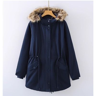 Женское свободное хлопковое пальто средней длины со съемным меховым воротником и капюшоном