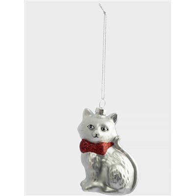 Игрушка елочная, 7х9 см, стекло, серебристая, Кошка, New year