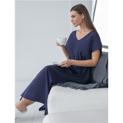 Платье свободное с V-вырезом из 100% хлопка с поясом и разрезом