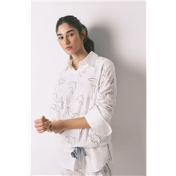 Pijama largo canalé blanco estampado pájaros