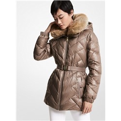 MICHAEL MICHAEL KORS Faux Fur Trim Chevron Quilted Nylon Belted Puffer Coat