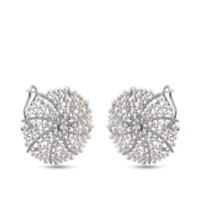 Серьги (жемчуг белый, фианит; покрытие родий), Есть комплект