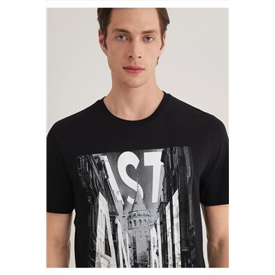 Mavi İstanbul Galata Baskılı Siyah Tişört Slim Fit / Dar Kesim 067053-900