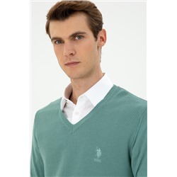 Erkek Slim Fit V Yaka Mint Basic Kazak