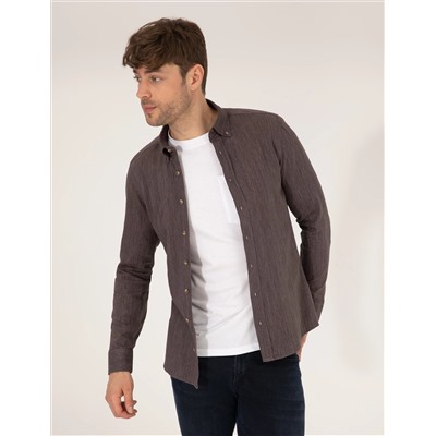 Kahverengi Slim Fit Uzun Kollu Gömlek