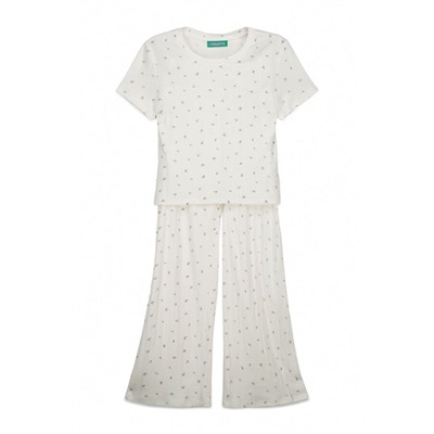 Pijama largo algodón blanco estampado miniflores