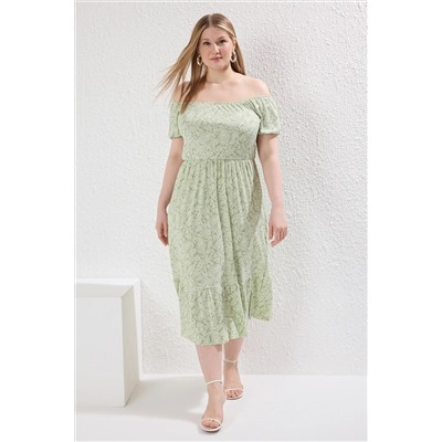 Trendyol Curve Açık Yeşil Şal Etnik Desenli A-line Maxi Boy Örme Büyük Beden Elbise TBBSS22AH00009
