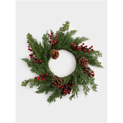 Венок декоративный, 15/38 см, пластик/пенопласт, Шишки и красные ягоды, Interior natural
