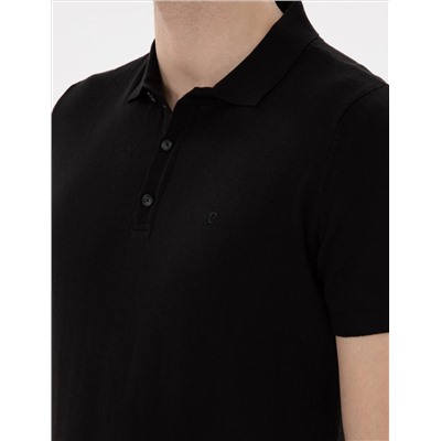 Siyah Slim Fit Düğmeli Polo Yaka Triko Tişört