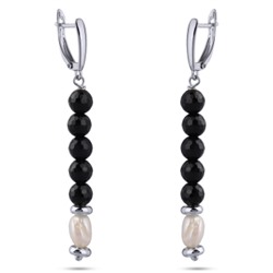 Серьги Селена (жемчуг белый, агат черный 6мм; покрытие родий), Есть комплект