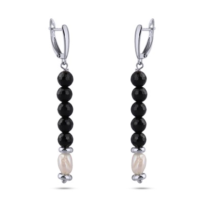 Серьги Селена (жемчуг белый, агат черный 6мм; покрытие родий), Есть комплект