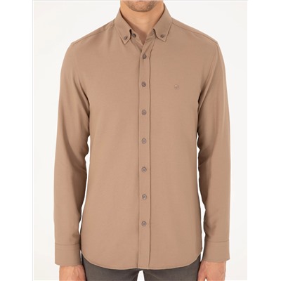 Açık Kahverengi Slim Fit Uzun Kollu Gömlek