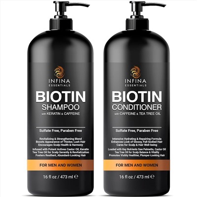 INFINA ESSENTIALS Biotin Shampoo and Conditioner Set for Hair Growth with Caffeine, Keratin, Tea Tree & Castor Oil - Sulfate & Paraben Free - Perfect Daily Hair Care for Men & Women - 16 fl oz each