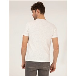 Ekru Slim Fit Baskılı Bisiklet Yaka Tişört