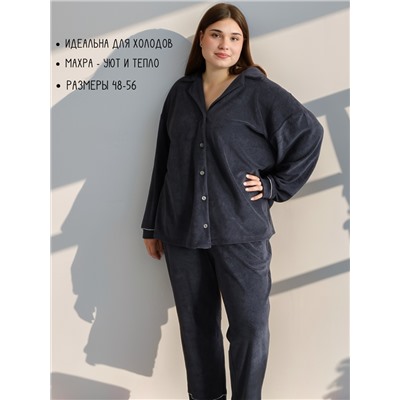 Теплая махровая пижама с брюками однотонная 48-56