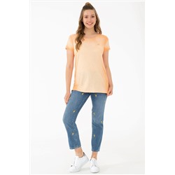 Kadın Turuncu Bisiklet Yaka Tişört