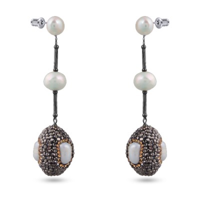 Серьги (жемчуг барочный белый; покрытие черный родий), Есть комплект