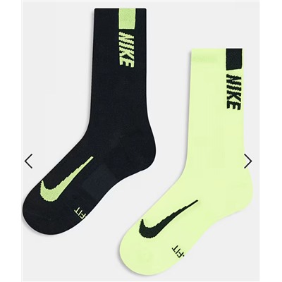 Nike Running Multiplier 2-pack crew socks in black and lime