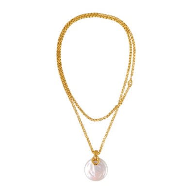 Кулон (Майорка 30мм белая; покрытие золото) 90см, Есть комплект