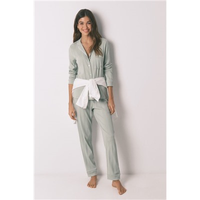 Pijama camisero largo algodón canalé verde