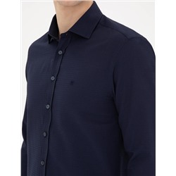 Lacivert Slim Fit Armürlü Uzun Kollu Gömlek