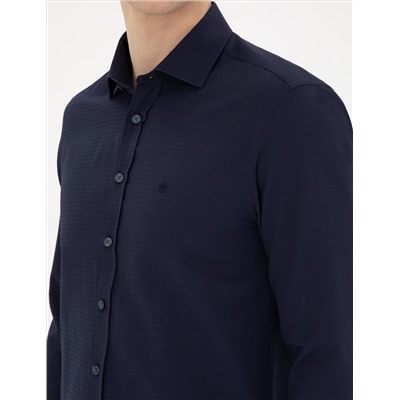 Lacivert Slim Fit Armürlü Uzun Kollu Gömlek