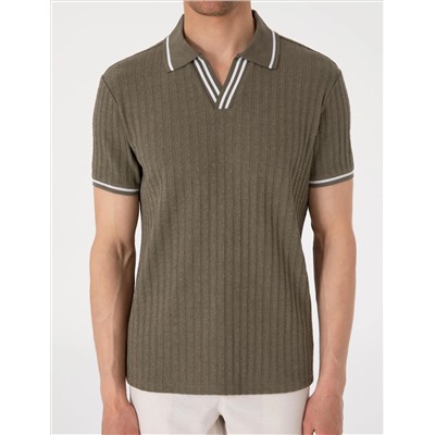Haki Slim Fit Örme Dokulu Polo Yaka Tişört