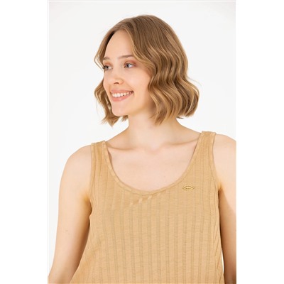 Kadın Camel Bisiklet Yaka Kolsuz Tişört