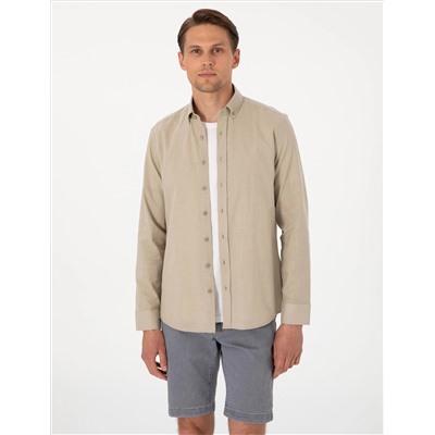 Haki Keten Görünümlü Slim Fit Uzun Kollu Gömlek
