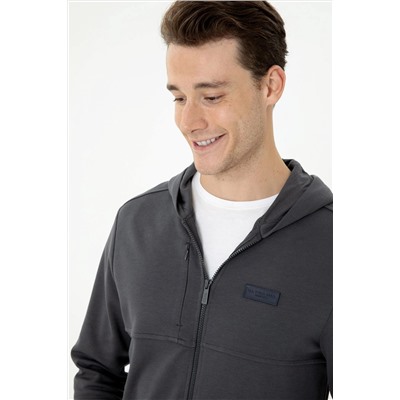 Erkek Antrasit Kapüşonlu Örme Hırka