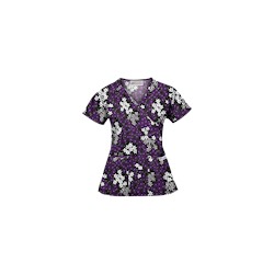 UA Vibrant Blossoms Black Mock Wrap Scrub Top