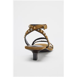 SPLIT SUEDE STUDDED KITTEN HEEL SANDALS