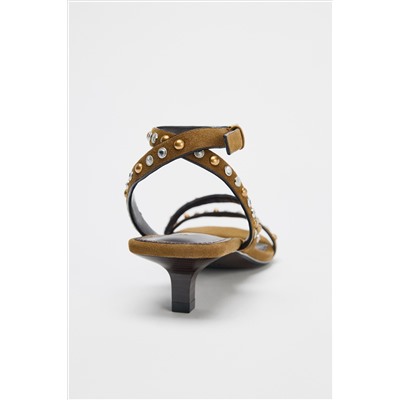SPLIT SUEDE STUDDED KITTEN HEEL SANDALS