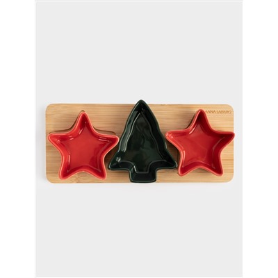 Набор для закусок, 3 пр, на подставке, керамика/бамбук, красно-зеленый, Елка и звезды, New year