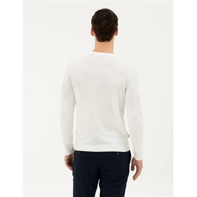 Ekru Slim Fit Bisiklet Yaka Triko Kazak