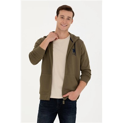 Erkek Haki Kapüşonlu Örme Hırka