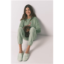 Zapatillas casa borreguito cuadros verdes