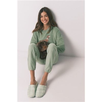 Zapatillas casa borreguito cuadros verdes