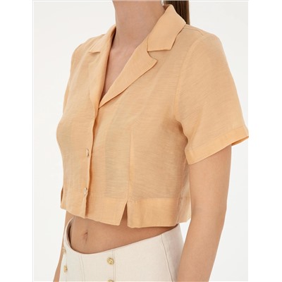 Bej Keten Karışımlı Slim Fit Crop Gömlek