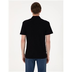 Siyah Slim Fit Örme Dokulu Polo Yaka Tişört