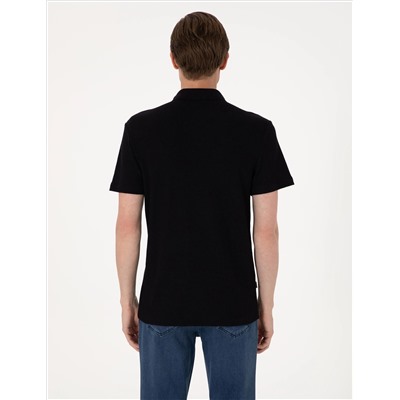 Siyah Slim Fit Örme Dokulu Polo Yaka Tişört
