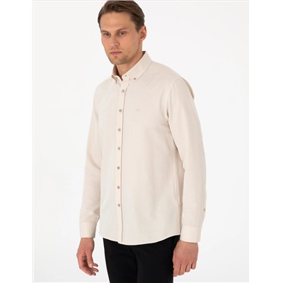 Bej Oxford Slim Fit Kolay Ütülenebilir Gömlek