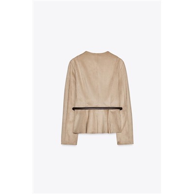 BELTED FAUX SUEDE PEPLUM JACKET