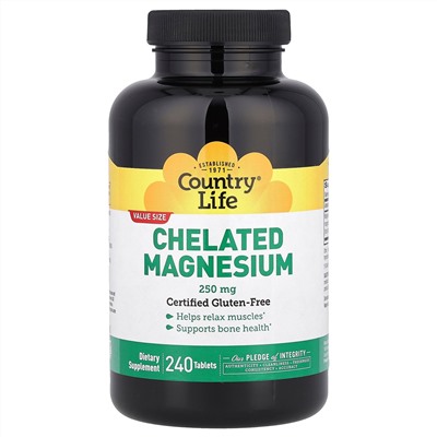 Country Life, Хелатный магний, 250 мг, 90 таблеток
