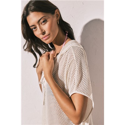 Túnica corta capucha efecto red beige