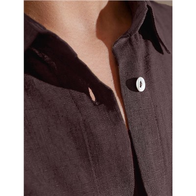 Свободная удлиненная блузка с карманом изо льна с вискозой