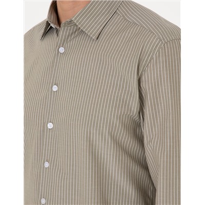 Haki Slim Fit Çizgili Uzun Kollu Gömlek