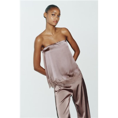 SATIN TOP WITH LACE TRIM