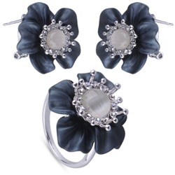 Комплект: кольцо и серьги (улексит, эмаль синяя, кристаллы; покрытие родий)